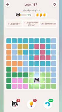 Meowdoku Level 187 step 1 screenshot showing the cat placement at F8 with 1 of 9 cats visible on the board.