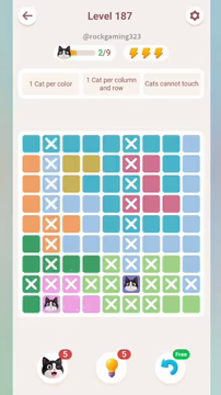 Meowdoku Level 187 step 2 screenshot showing the cat placement at B9 with 2 of 9 cats visible on the board.