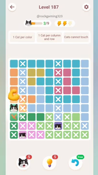 Meowdoku Level 187 step 3 screenshot showing the cat placement at A6 with 3 of 9 cats visible on the board.