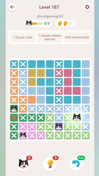 Meowdoku Level 187 step 4 screenshot showing the cat placement at H7 with 4 of 9 cats visible on the board.