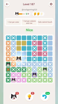 Meowdoku Level 187 step 5 screenshot showing the cat placement at C5 with 5 of 9 cats visible on the board.