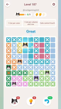 Meowdoku Level 187 step 6 screenshot showing the cat placement at D2 with 6 of 9 cats visible on the board.
