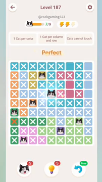 Meowdoku Level 187 step 7 screenshot showing the cat placement at E4 with 7 of 9 cats visible on the board.