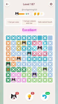 Meowdoku Level 187 step 8 screenshot showing the cat placement at G3 with 8 of 9 cats visible on the board.