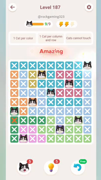 Meowdoku Level 187 step 9 screenshot showing the cat placement at I1 with 9 of 9 cats visible on the board.