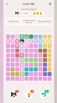 Meowdoku Level 188 step 1 screenshot showing the cat placement at D2 with 1 of 10 cats visible on the board.