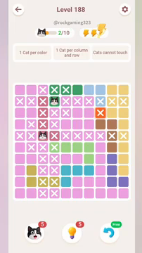 Meowdoku Level 188 step 2 screenshot showing the cat placement at C5 with 2 of 10 cats visible on the board.