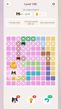 Meowdoku Level 188 step 3 screenshot showing the cat placement at B8 with 3 of 10 cats visible on the board.