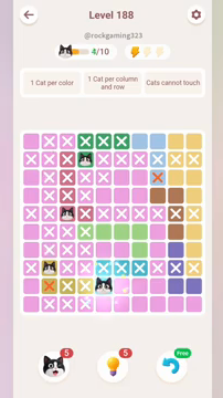 Meowdoku Level 188 step 4 screenshot showing the cat placement at E9 with 4 of 10 cats visible on the board.