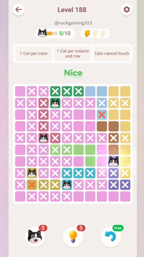 Meowdoku Level 188 step 5 screenshot showing the cat placement at I7 with 5 of 10 cats visible on the board.