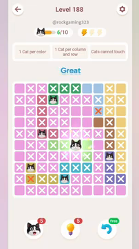 Meowdoku Level 188 step 6 screenshot showing the cat placement at F6 with 6 of 10 cats visible on the board.
