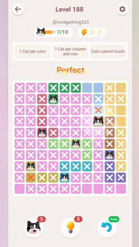Meowdoku Level 188 step 7 screenshot showing the cat placement at H4 with 7 of 10 cats visible on the board.