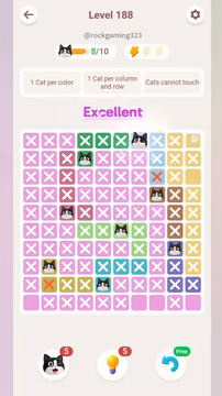 Meowdoku Level 188 step 8 screenshot showing the cat placement at G1 with 8 of 10 cats visible on the board.