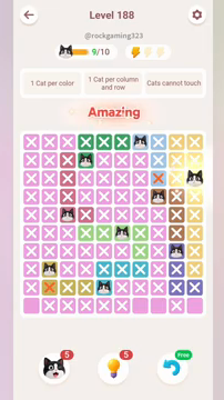 Meowdoku Level 188 step 9 screenshot showing the cat placement at J3 with 9 of 10 cats visible on the board.