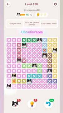 Meowdoku Level 188 step 10 screenshot showing the cat placement at A10 with 10 of 10 cats visible on the board.