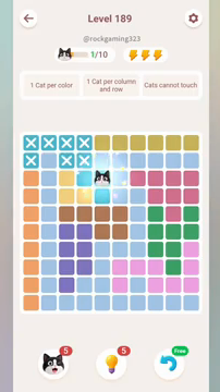 Meowdoku Level 189 step 1 screenshot showing the cat placement at E3 with 1 of 10 cats visible on the board.