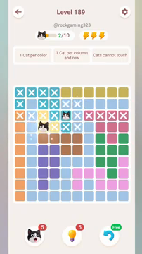 Meowdoku Level 189 step 2 screenshot showing the cat placement at C4 with 2 of 10 cats visible on the board.