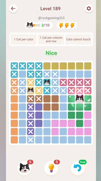 Meowdoku Level 189 step 3 screenshot showing the cat placement at I5 with 3 of 10 cats visible on the board.