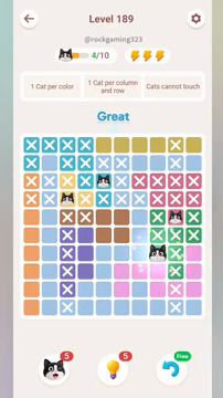 Meowdoku Level 189 step 4 screenshot showing the cat placement at H7 with 4 of 10 cats visible on the board.