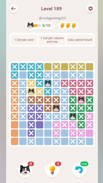 Meowdoku Level 189 step 5 screenshot showing the cat placement at F6 with 5 of 10 cats visible on the board.