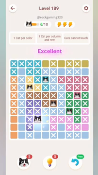 Meowdoku Level 189 step 6 screenshot showing the cat placement at D8 with 6 of 10 cats visible on the board.