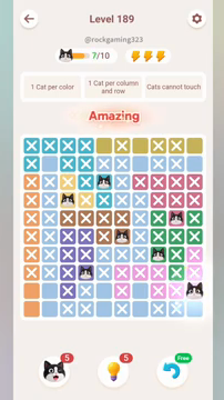 Meowdoku Level 189 step 7 screenshot showing the cat placement at J9 with 7 of 10 cats visible on the board.
