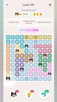Meowdoku Level 189 step 8 screenshot showing the cat placement at A10 with 8 of 10 cats visible on the board.