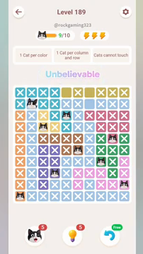 Meowdoku Level 189 step 9 screenshot showing the cat placement at B2 with 9 of 10 cats visible on the board.