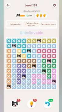 Meowdoku Level 189 step 10 screenshot showing the cat placement at G1 with 10 of 10 cats visible on the board.