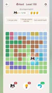 Meowdoku Level 190 step 1 screenshot showing the cat placement at G7 with 1 of 10 cats visible on the board.