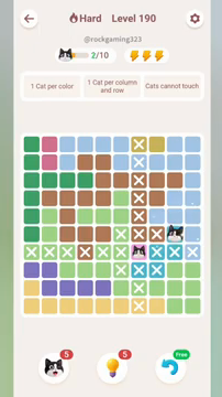 Meowdoku Level 190 step 2 screenshot showing the cat placement at I6 with 2 of 10 cats visible on the board.