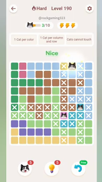 Meowdoku Level 190 step 3 screenshot showing the cat placement at H1 with 3 of 10 cats visible on the board.