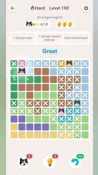 Meowdoku Level 190 step 4 screenshot showing the cat placement at B2 with 4 of 10 cats visible on the board.