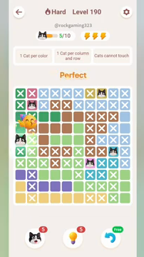 Meowdoku Level 190 step 5 screenshot showing the cat placement at A5 with 5 of 10 cats visible on the board.