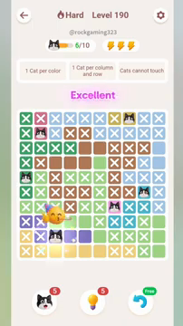 Meowdoku Level 190 step 6 screenshot showing the cat placement at C9 with 6 of 10 cats visible on the board.