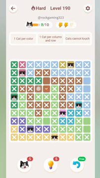 Meowdoku Level 190 step 7 screenshot showing the cat placement at F10 with 7 of 10 cats visible on the board.