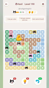 Meowdoku Level 190 step 8 screenshot showing the cat placement at D4 with 8 of 10 cats visible on the board.