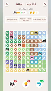 Meowdoku Level 190 step 9 screenshot showing the cat placement at J3 with 9 of 10 cats visible on the board.