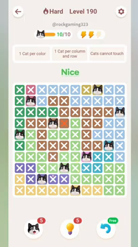 Meowdoku Level 190 step 10 screenshot showing the cat placement at E8 with 10 of 10 cats visible on the board.