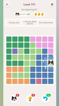 Meowdoku Level 191 step 1 screenshot showing the cat placement at H5 with 1 of 8 cats visible on the board.