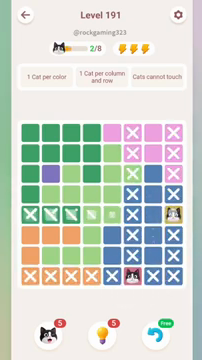Meowdoku Level 191 step 2 screenshot showing the cat placement at F8 with 2 of 8 cats visible on the board.