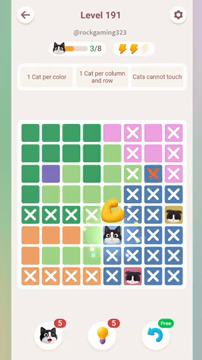 Meowdoku Level 191 step 3 screenshot showing the cat placement at E6 with 3 of 8 cats visible on the board.