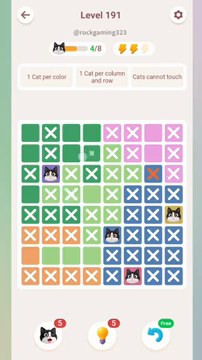 Meowdoku Level 191 step 4 screenshot showing the cat placement at B3 with 4 of 8 cats visible on the board.