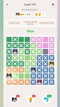 Meowdoku Level 191 step 5 screenshot showing the cat placement at A7 with 5 of 8 cats visible on the board.
