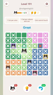 Meowdoku Level 191 step 6 screenshot showing the cat placement at D4 with 6 of 8 cats visible on the board.