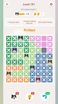 Meowdoku Level 191 step 7 screenshot showing the cat placement at C1 with 7 of 8 cats visible on the board.