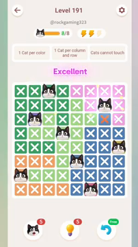 Meowdoku Level 191 step 8 screenshot showing the cat placement at G2 with 8 of 8 cats visible on the board.