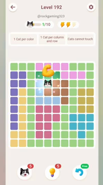 Meowdoku Level 192 step 1 screenshot showing the cat placement at E3 with 1 of 10 cats visible on the board.