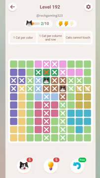 Meowdoku Level 192 step 2 screenshot showing the cat placement at G4 with 2 of 10 cats visible on the board.