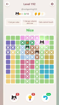 Meowdoku Level 192 step 3 screenshot showing the cat placement at H2 with 3 of 10 cats visible on the board.